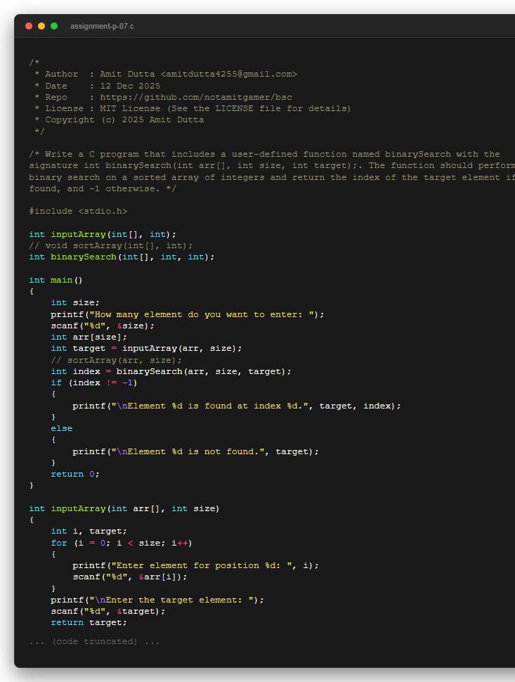 Write a C program that includes a user-defined function named binarySearch with the signature int binarySearch(int arr[], int size, int target);. The function should perform a binary search on a sorted array of integers and return the index of the target element if found, and -1 otherwise.
